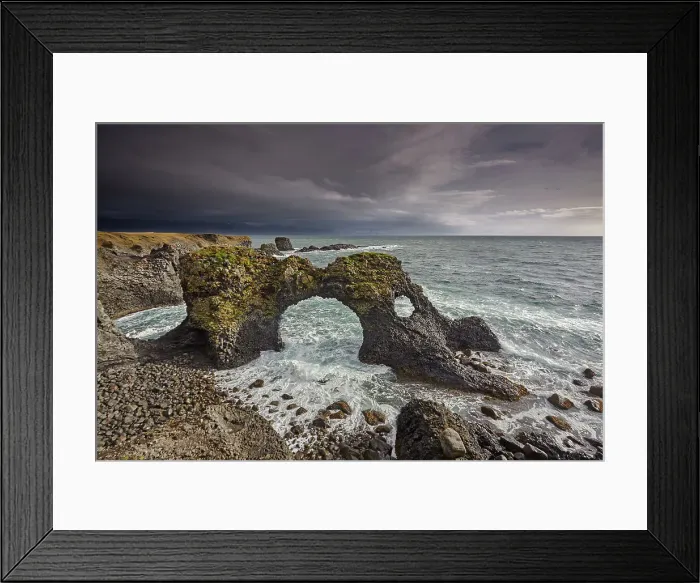 Framed Print : A huge lava arch, pounded by Atlantic surf, at Arnastapi, in Snaefellsjokull National Park, on the Snaefellsnes peninsula, west coast of Iceland, Polar Regions