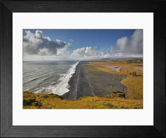 Framed Print : A view from Dyrholaey Island along a vast volcanic black sand beach, near the town of Vik, on the south coast of Iceland, Polar Regions Framed Print : A view from Dyrholaey Island along a vast volcanic black sand beach, near the town of Vik, on the south coast of Iceland, Polar Regions