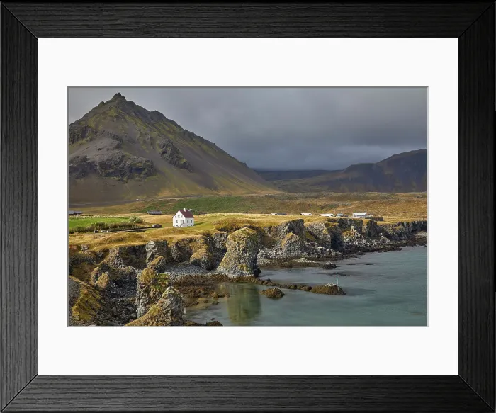 Framed Print : A classic view of the basalt lava cliffs on the coast at the village of Arnastapi, backed by the mountains of Snaefellsjokull, Snaefellsjokull National Park, Snaefellsness peninsula, west coast of Iceland, Polar Regions Framed Print : A classic view of the basalt lava cliffs on the coast at the village of Arnastapi, backed by the mountains of Snaefellsjokull, Snaefellsjokull National Park, Snaefellsness peninsula, west coast of Iceland, Polar Regions