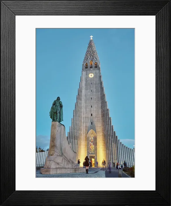 Framed Print : A dusk view of the spire of Hallgrimskirkja Church, fronted by a statue of Leifur Eriksson, founder of Iceland, in central Reykjavik, Iceland, Polar Regions Framed Print : A dusk view of the spire of Hallgrimskirkja Church, fronted by a statue of Leifur Eriksson, founder of Iceland, in central Reykjavik, Iceland, Polar Regions