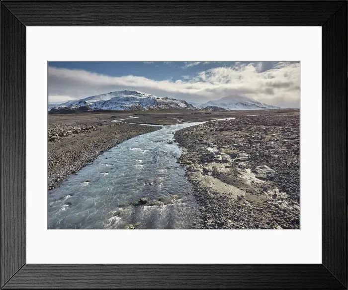 Framed Print : Snow-clad mountains and the Geita River in early winter, at the foot of the Langjokull ice-cap, in the western Highlands, west Iceland, Polar Regions Framed Print : Snow-clad mountains and the Geita River in early winter, at the foot of the Langjokull ice-cap, in the western Highlands, west Iceland, Polar Regions