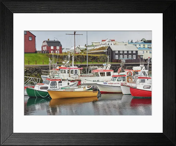 Framed Print : Fishing boats in the harbour at Stykkisholmur, with historic traditional buildings, Snaefellsnes peninsula, west coast of Iceland, Polar Regions Framed Print : Fishing boats in the harbour at Stykkisholmur, with historic traditional buildings, Snaefellsnes peninsula, west coast of Iceland, Polar Regions
