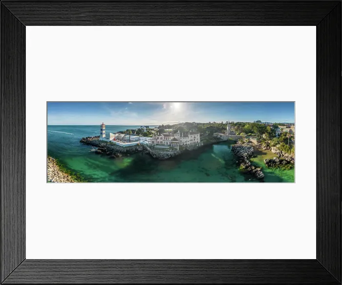 Framed Print : Aerial drone panoramic view of Santa Marta, Santa Marta House Museum and Condes de Castro Guimaraes Museum next to turquoise water in Cascais, Lisbon Region, Portugal, Europe Framed Print : Aerial drone panoramic view of Santa Marta, Santa Marta House Museum and Condes de Castro Guimaraes Museum next to turquoise water in Cascais, Lisbon Region, Portugal, Europe