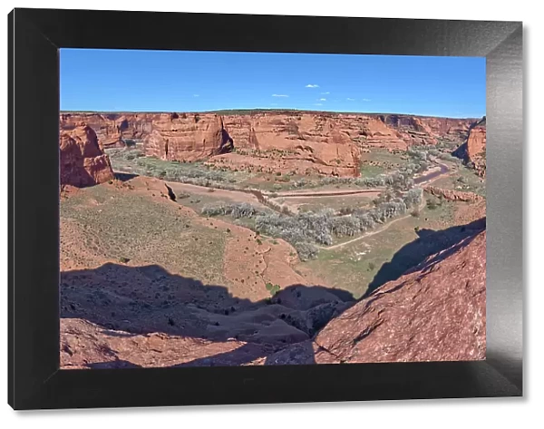 Panorama view of the Junction between the north and south forks of Canyon De Chelly National Monument, with Dog Rock rock formation on the far left, Arizona, United States of America, North America