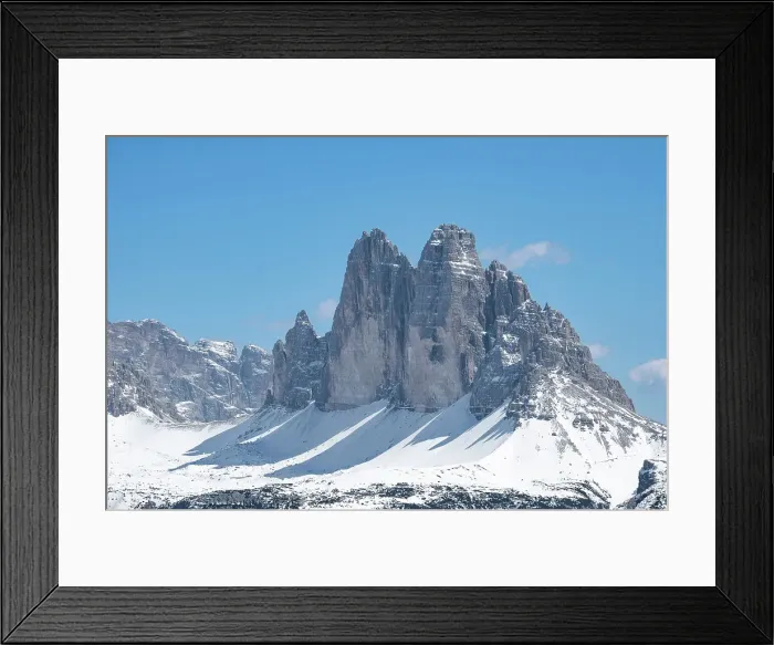 Framed Print : Three peaks of Lavaredo (Tre Cime di Lavaredo) mountains covered by pristine snow, Dolomites, Belluno, Italy, Europe Framed Print : Three peaks of Lavaredo (Tre Cime di Lavaredo) mountains covered by pristine snow, Dolomites, Belluno, Italy, Europe