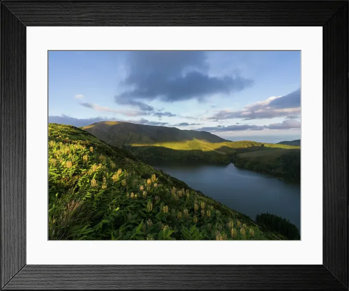 Framed Print : Aerial view of Caldeira Funda lake in Flores Island at sunset, Azores islands, Portugal, Atlantic, Europe Framed Print : Aerial view of Caldeira Funda lake in Flores Island at sunset, Azores islands, Portugal, Atlantic, Europe