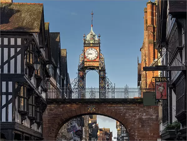 The Victorian Eastgate Clock on the city walls, Eastgate Street, Chester, Cheshire, England, United Kingdom, Europe