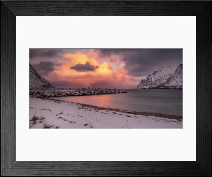 Framed Print : Panoramic image of Ersfjorden and The Devils Teeth viewed from Ersfjordstranda beach at sunset in winter, Senja, Troms og Finnmark County, Norway, Scandinavia, Europe