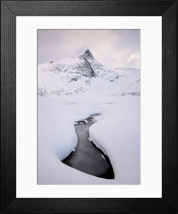 Framed Print : Looking to Krokelvvatnet Frozen Lake and Krokelvtindan mountain in full winter conditions, Senja, Troms og Finnmark County, Norway, Scandinavia, Europe Framed Print : Looking to Krokelvvatnet Frozen Lake and Krokelvtindan mountain in full winter conditions, Senja, Troms og Finnmark County, Norway, Scandinavia, Europe