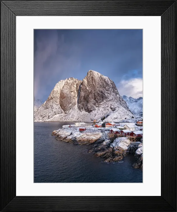Framed Print : Red Norwegian Rorbuer Huts and Festhaeltinden mountain in winter, Hamnoy, Moskenes Municipality, Nordland County, Lofoten Islands, Norway, Scandinavia, Europe Framed Print : Red Norwegian Rorbuer Huts and Festhaeltinden mountain in winter, Hamnoy, Moskenes Municipality, Nordland County, Lofoten Islands, Norway, Scandinavia, Europe