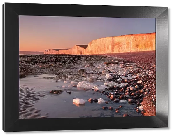 The Seven Sisters chalk cliffs at sunset, Birling Gap, South Downs National Park, East Sussex, England, United Kingdom, Europe