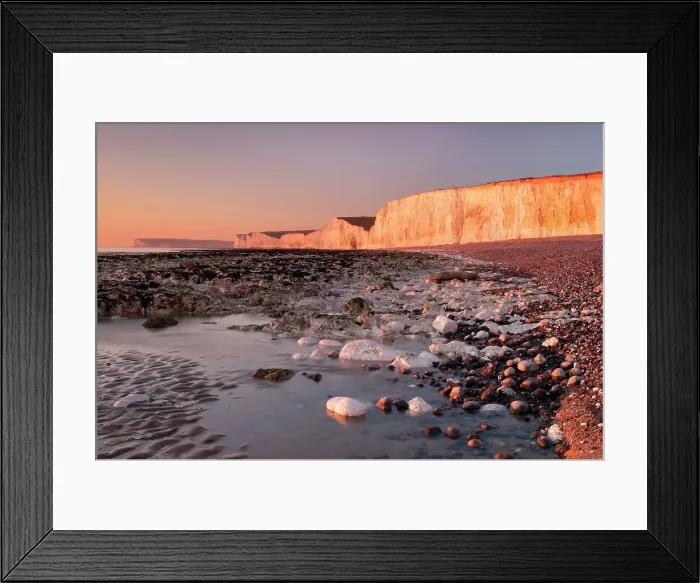 Framed Print : The Seven Sisters chalk cliffs at sunset, Birling Gap, South Downs National Park, East Sussex, England, United Kingdom, Europe Framed Print : The Seven Sisters chalk cliffs at sunset, Birling Gap, South Downs National Park, East Sussex, England, United Kingdom, Europe