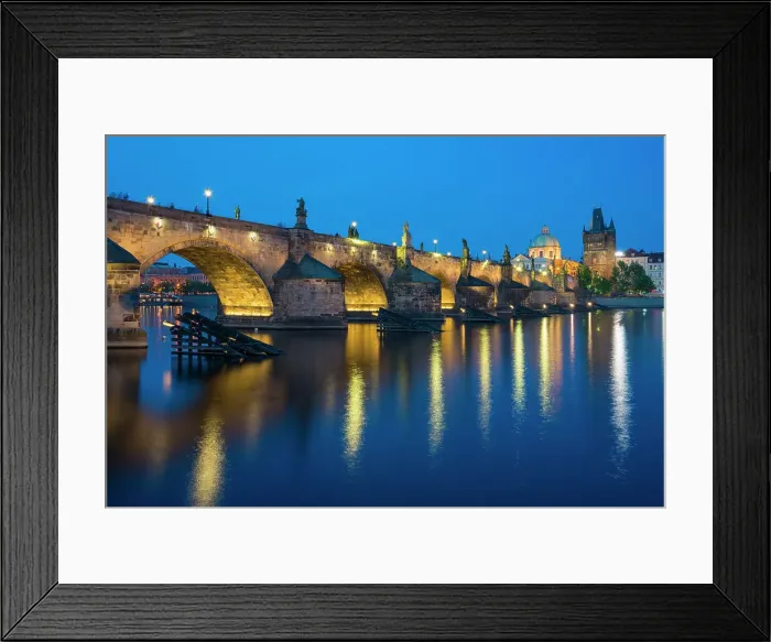 Framed Print : Illuminated Charles Bridge with reflections at twilight, UNESCO World Heritage Site, Prague, Bohemia, Czech Republic (Czechia), Europe