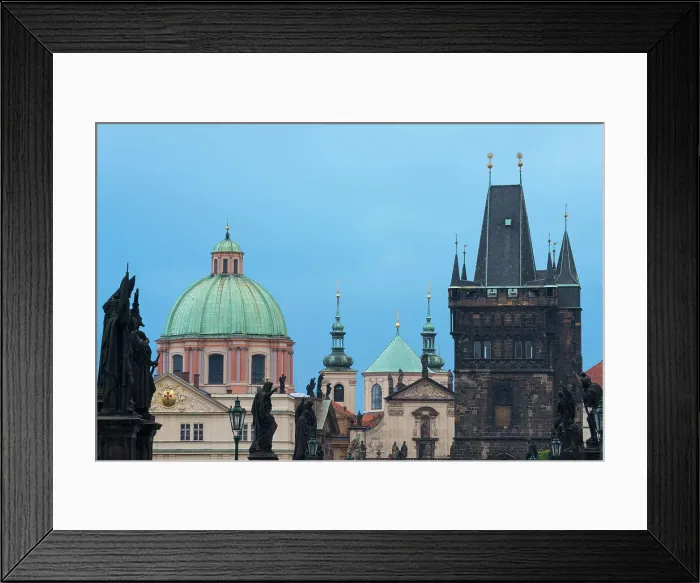 Framed Print : Details of statues and spires at Charles Bridge, featuring dome of Church of Saint Francis of Assisi and Old Town Bridge Tower, UNESCO World Heritage Site, Prague, Bohemia, Czech Republic (Czechia), Europe Framed Print : Details of statues and spires at Charles Bridge, featuring dome of Church of Saint Francis of Assisi and Old Town Bridge Tower, UNESCO World Heritage Site, Prague, Bohemia, Czech Republic (Czechia), Europe