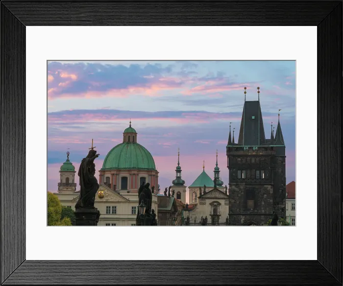 Framed Print : Details of statues and spires at Charles Bridge at sunrise, featuring dome of Church of Saint Francis of Assisi and Old Town Bridge Tower, UNESCO World Heritage Site Prague, Bohemia, Czech Republic (Czechia), Europe Framed Print : Details of statues and spires at Charles Bridge at sunrise, featuring dome of Church of Saint Francis of Assisi and Old Town Bridge Tower, UNESCO World Heritage Site Prague, Bohemia, Czech Republic (Czechia), Europe
