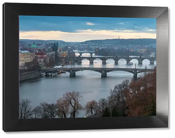 Bridges over Vltava River against sky seen from Letna park at twilight, Prague, Bohemia, Czech Republic (Czechia), Europe