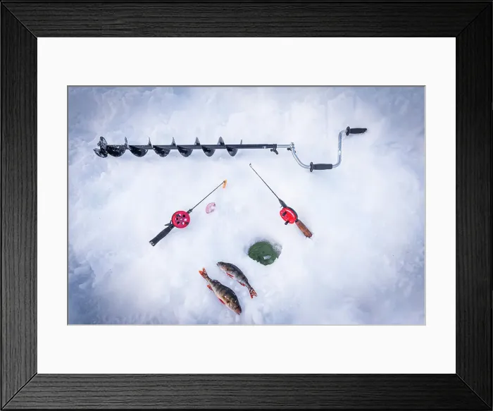 Framed Print : Ice drill, fishing rods and catch of fish close to ice hole, Lapland, Sweden, Scandinavia, Europe Framed Print : Ice drill, fishing rods and catch of fish close to ice hole, Lapland, Sweden, Scandinavia, Europe
