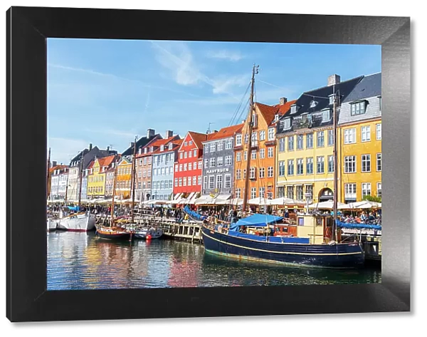 Colourful houses and wooden boats in Nyhavn harbour, Copenhagen, Denmark, Scandinavia, Europe