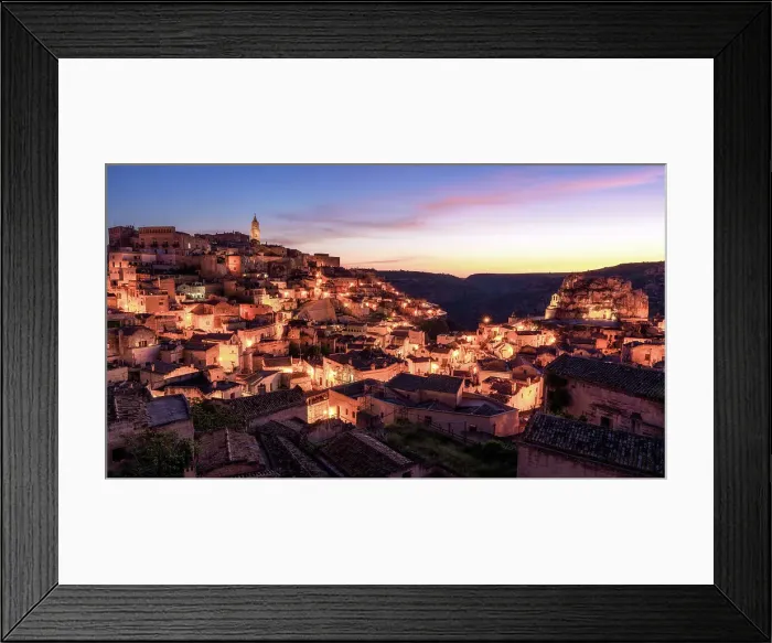 Framed Print : City view of Matera at dawn, Matera, Basilicata, Italy, Europe Framed Print : City view of Matera at dawn, Matera, Basilicata, Italy, Europe