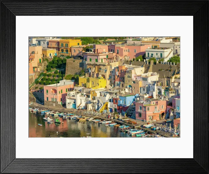 Framed Print : Aerial of Marina di Corricella, Procida, Flegrean Islands, Campania, Italy, Europe Framed Print : Aerial of Marina di Corricella, Procida, Flegrean Islands, Campania, Italy, Europe