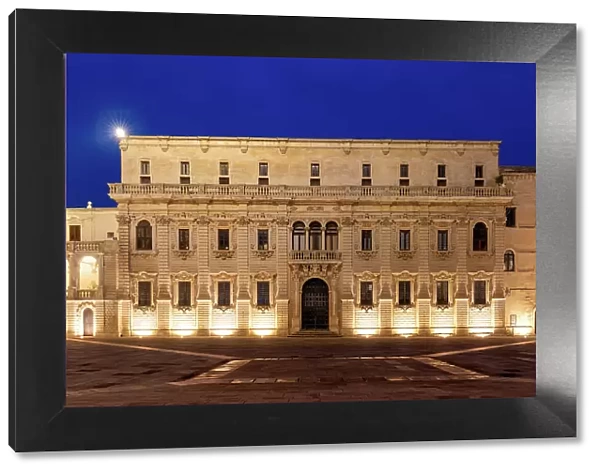 Palace in Piazza del Duomo square of Lecce at blue hour, Salento, Apulia, Italy, Europe
