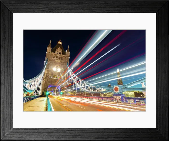 Framed Print : Tower Bridge and light traffic trails, The Shard in the background, London, England, United Kingdom, Europe