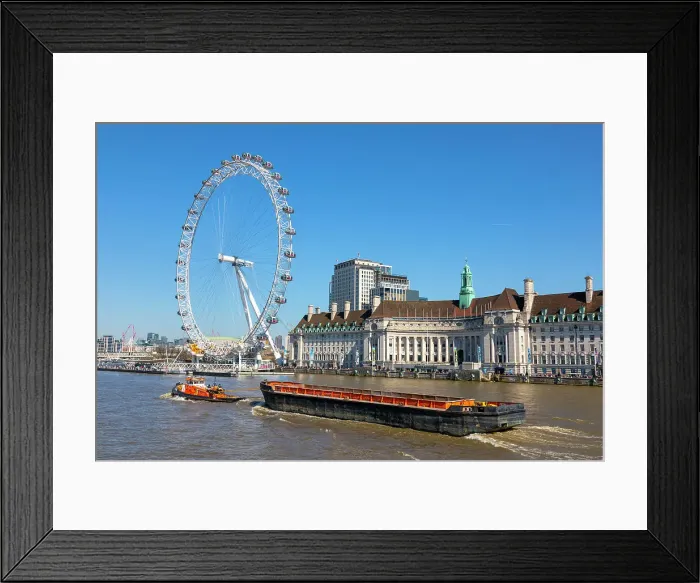 Framed Print : London Eye, tug boat and barge, River Thames, London, England, United Kingdom, Europe Framed Print : London Eye, tug boat and barge, River Thames, London, England, United Kingdom, Europe