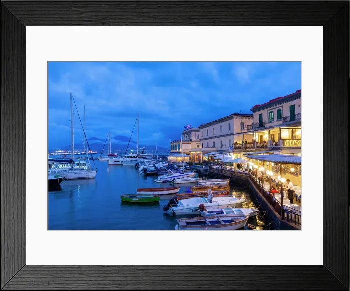 Framed Print : Restaurant, Naples Harbour with Mount Vesuvius in the Background at Dusk, Naples, Campania, Italy, Europe Framed Print : Restaurant, Naples Harbour with Mount Vesuvius in the Background at Dusk, Naples, Campania, Italy, Europe
