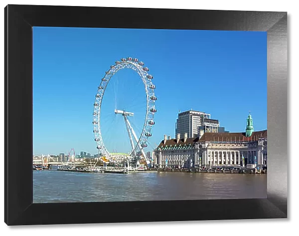 Panoramic view of London Eye, London County Hall building, River Thames, London, England, United Kingdom, Europe