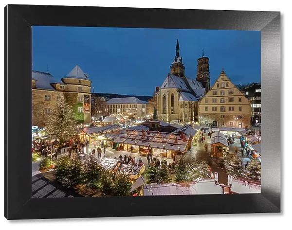 Christmas market on Schillerplatz square in front of Stiftskirche church, Stuttgart, Baden-Wurttemberg, Germany, Europe