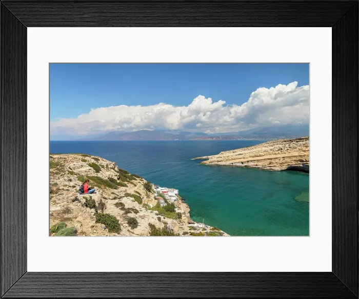Framed Print : Tourist enjoying the view of the bay of Matala, Iraklion, Crete, Greek Islands, Greece, Europe Framed Print : Tourist enjoying the view of the bay of Matala, Iraklion, Crete, Greek Islands, Greece, Europe
