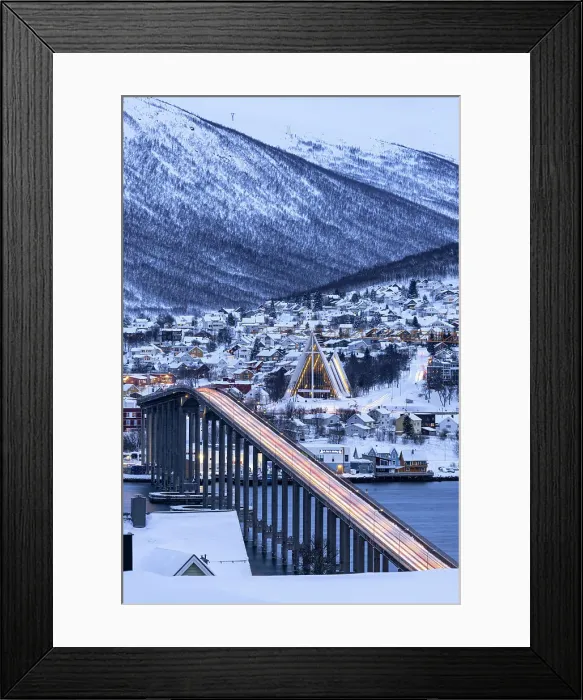 Framed Print : Dusk over the illuminated Bruvegen Bridge and Arctic Cathedral in winter, Tromso, Norway, Scandinavia, Europe Framed Print : Dusk over the illuminated Bruvegen Bridge and Arctic Cathedral in winter, Tromso, Norway, Scandinavia, Europe