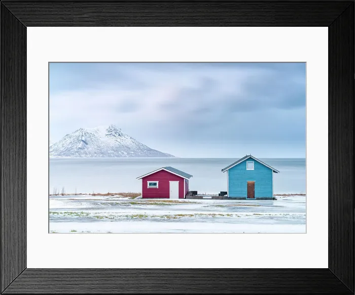 Framed Print : Traditional rorbu cabins overlooking the frozen sea, Troms county, Norway, Scandinavia, Europe Framed Print : Traditional rorbu cabins overlooking the frozen sea, Troms county, Norway, Scandinavia, Europe