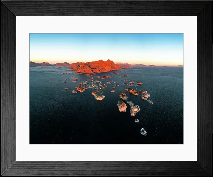 Framed Print : Panoramic aerial view of the fishing village of Henningsvaer and mountains at sunset, Nordland county, Lofoten Islands, Norway, Scandinavia, Europe Framed Print : Panoramic aerial view of the fishing village of Henningsvaer and mountains at sunset, Nordland county, Lofoten Islands, Norway, Scandinavia, Europe