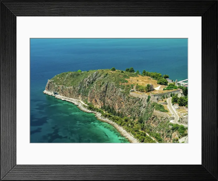 Framed Print : Akronafplia old castle with fortification above sea, panoramic view from Palamidi, Nafplion, Peloponnese, Greece, Europe Framed Print : Akronafplia old castle with fortification above sea, panoramic view from Palamidi, Nafplion, Peloponnese, Greece, Europe