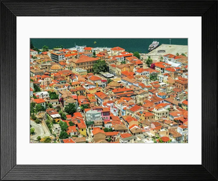 Framed Print : Historic town panoramic view, with traditional low-rise red tile roof buildings, Nafplion, Peloponnese, Greece, Europe Framed Print : Historic town panoramic view, with traditional low-rise red tile roof buildings, Nafplion, Peloponnese, Greece, Europe