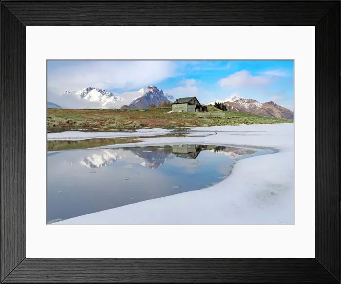 Framed Print : Mountain hut on shore of frozen pond during thaw, Scermendone Alp, Rhaetian Alps, Valtellina, Lombardy, Italy, Europe Framed Print : Mountain hut on shore of frozen pond during thaw, Scermendone Alp, Rhaetian Alps, Valtellina, Lombardy, Italy, Europe