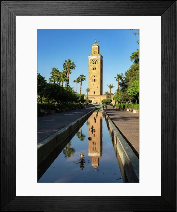 Framed Print : Ancient minaret tower of Koutoubia Mosque, UNESCO World Heritage Site, reflected in water in a palm fringed park, Marrakech, Morocco, North Africa, Africa Framed Print : Ancient minaret tower of Koutoubia Mosque, UNESCO World Heritage Site, reflected in water in a palm fringed park, Marrakech, Morocco, North Africa, Africa