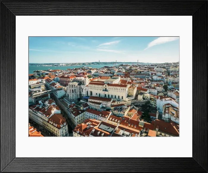 Framed Print : Aerial drone view of Carmo Church and surrounding historic neighbourhood in Chiado, with Tagus River and 25 April Bridge visible, Lisbon, Portugal, Europe Framed Print : Aerial drone view of Carmo Church and surrounding historic neighbourhood in Chiado, with Tagus River and 25 April Bridge visible, Lisbon, Portugal, Europe