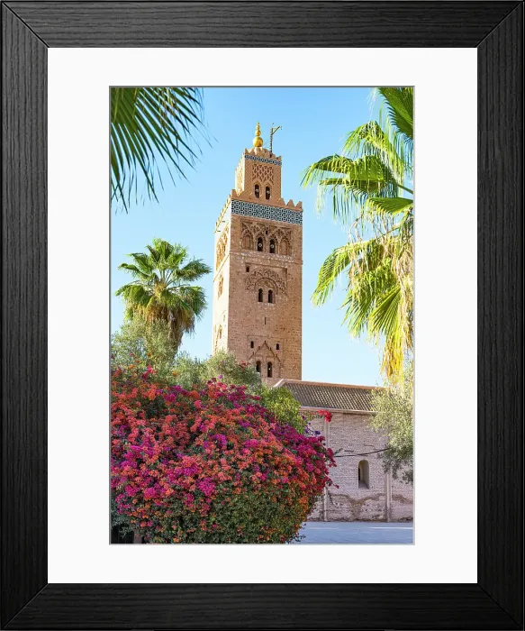 Framed Print : Old minaret tower of Koutoubia Mosque, UNESCO World Heritage Site, framed by flowers in spring, Marrakech, Morocco, North Africa, Africa Framed Print : Old minaret tower of Koutoubia Mosque, UNESCO World Heritage Site, framed by flowers in spring, Marrakech, Morocco, North Africa, Africa