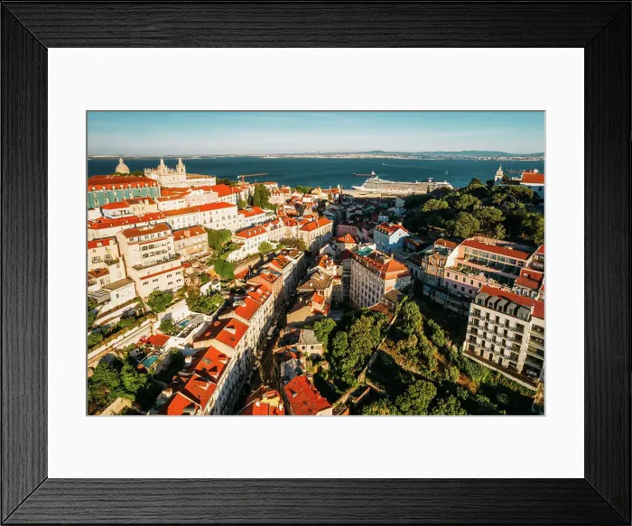 Framed Print : Aerial drone view of Miradouro da Graca with National Pantheon visible on far left, and large cruise ship moored on the Tagus River harbour, Lisbon, Portugal, Europe Framed Print : Aerial drone view of Miradouro da Graca with National Pantheon visible on far left, and large cruise ship moored on the Tagus River harbour, Lisbon, Portugal, Europe