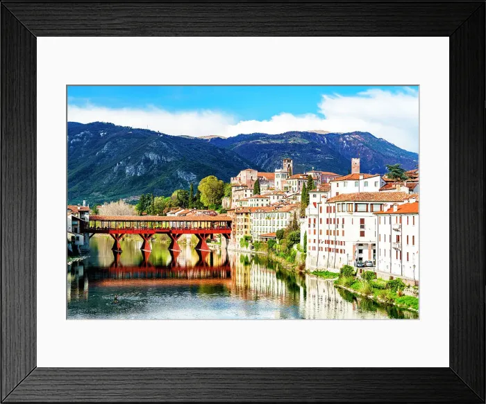 Framed Print : Historic buildings and Ponte Degli Alpini reflected in river Brenta, Bassano Del Grappa, Vicenza province, Veneto, Italy, Europe Framed Print : Historic buildings and Ponte Degli Alpini reflected in river Brenta, Bassano Del Grappa, Vicenza province, Veneto, Italy, Europe