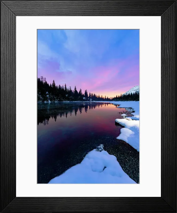 Framed Print : Multicolored sky at dawn reflected in the pristine water of lake Entova, Valmalenco, Valtellina, Sondrio province, Lombardy, Italy, Europe