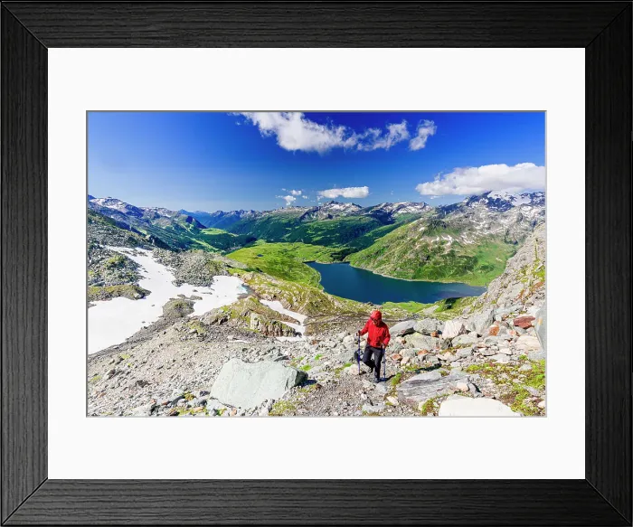 Framed Print : Hiker walking on mountain ridge above the blue lake Montespluga, Madesimo, Valle Spluga, Valtellina, Lombardy, Italy, Europe Framed Print : Hiker walking on mountain ridge above the blue lake Montespluga, Madesimo, Valle Spluga, Valtellina, Lombardy, Italy, Europe