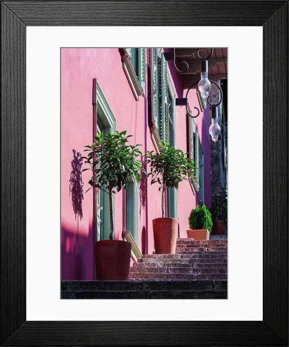Framed Print : A staircase with large decorative plant pots outside a traditional house with a vivid wall color and wooden shutters in Nafplion, Peloponnese, Greece, Europe Framed Print : A staircase with large decorative plant pots outside a traditional house with a vivid wall color and wooden shutters in Nafplion, Peloponnese, Greece, Europe