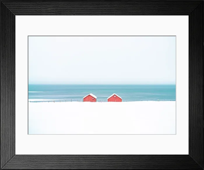 Framed Print : Red cabins in the snow overlooking the frozen sea, Troms county, Norway, Scandinavia, Europe