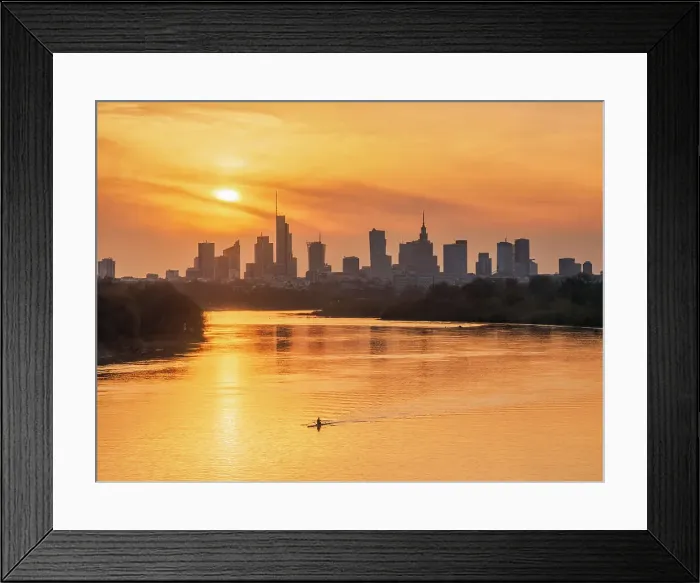 Framed Print : Kayaker and view over River Vistula towards City Centre Skyline at sunset, Warsaw, Masovian Voivodeship, Poland, Europe Framed Print : Kayaker and view over River Vistula towards City Centre Skyline at sunset, Warsaw, Masovian Voivodeship, Poland, Europe