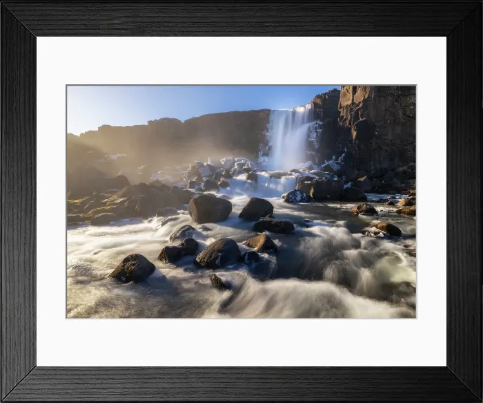 Framed Print : Oxararfoss waterfall at sunset during spring, Sudurland, Iceland, Polar Regions Framed Print : Oxararfoss waterfall at sunset during spring, Sudurland, Iceland, Polar Regions