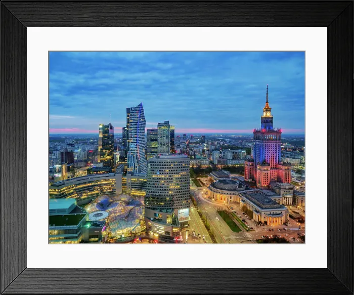 Framed Print : City Centre Skyline and Palace of Culture and Science at dusk, elevated view, Warsaw, Masovian Voivodeship, Poland, Europe Framed Print : City Centre Skyline and Palace of Culture and Science at dusk, elevated view, Warsaw, Masovian Voivodeship, Poland, Europe
