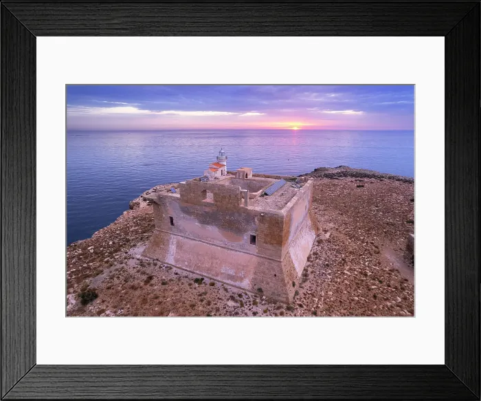 Framed Print : Aerial view of the fortified tower with the light house built on top of Capo Passero island at sunrise, Capo Passero island, Portopalo di Capo Passero municipality, Siracusa province, Sicily, Italy, Mediterranean, Europe Framed Print : Aerial view of the fortified tower with the light house built on top of Capo Passero island at sunrise, Capo Passero island, Portopalo di Capo Passero municipality, Siracusa province, Sicily, Italy, Mediterranean, Europe